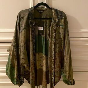 NEW Young Threads Patchwork Green/Gray/ Taupe Blouse/ Shacket! XL